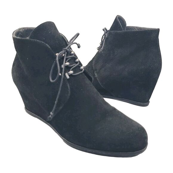 Stuart Weitzman Kalahari Women Ankle Boots Black Suede Wedge Lace Up Sz 10 - Picture 1 of 10